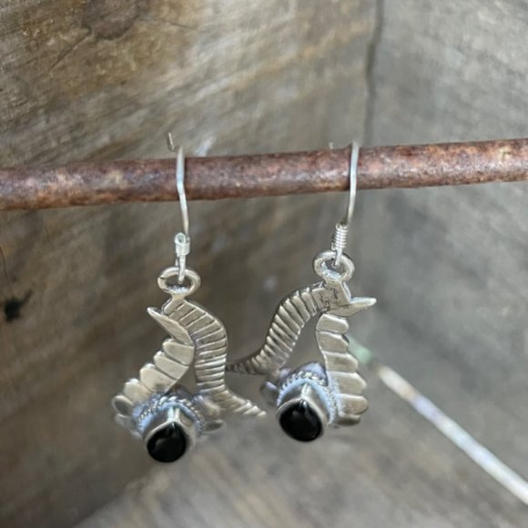 Vintage Old Pawn Native American Sterling Silver Onyx Dangle Drop Earrings - Picture 7 of 12